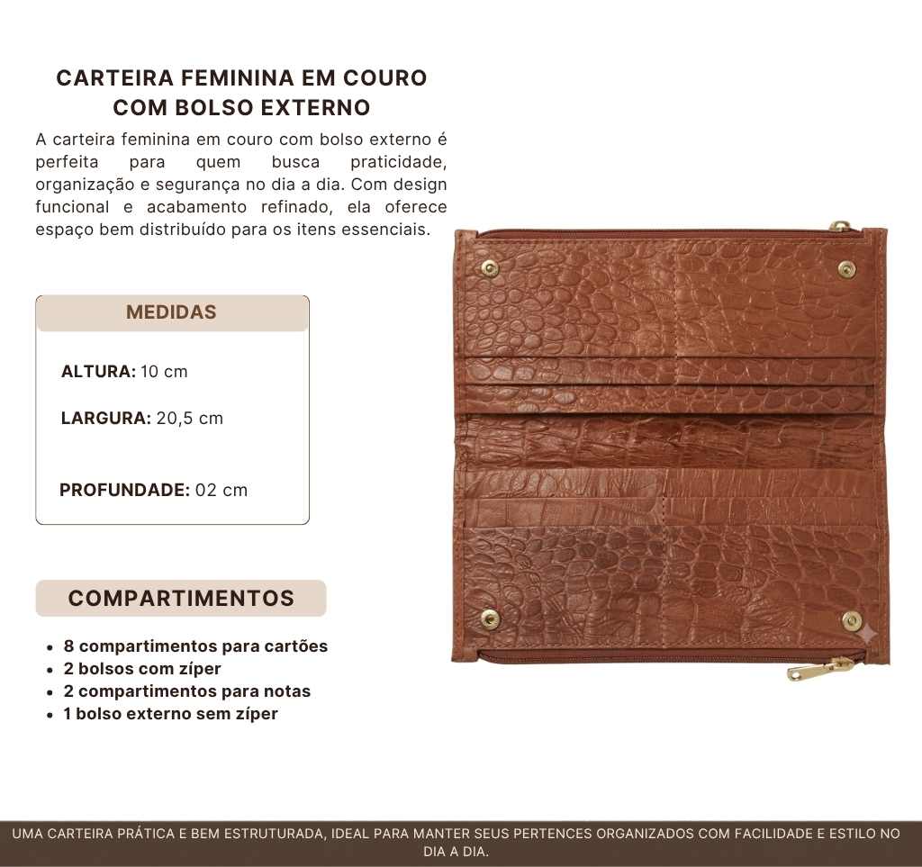 Infogr&aacute;fico Carteira Feminina MJ AZ 33 LaFabrica: Couro leg&iacute;timo estampa croco, medidas 10cm x 20.5cm x 2cm, 8 divis&oacute;rias de cart&otilde;es, bolso externo e fecho z&iacute;per dourado